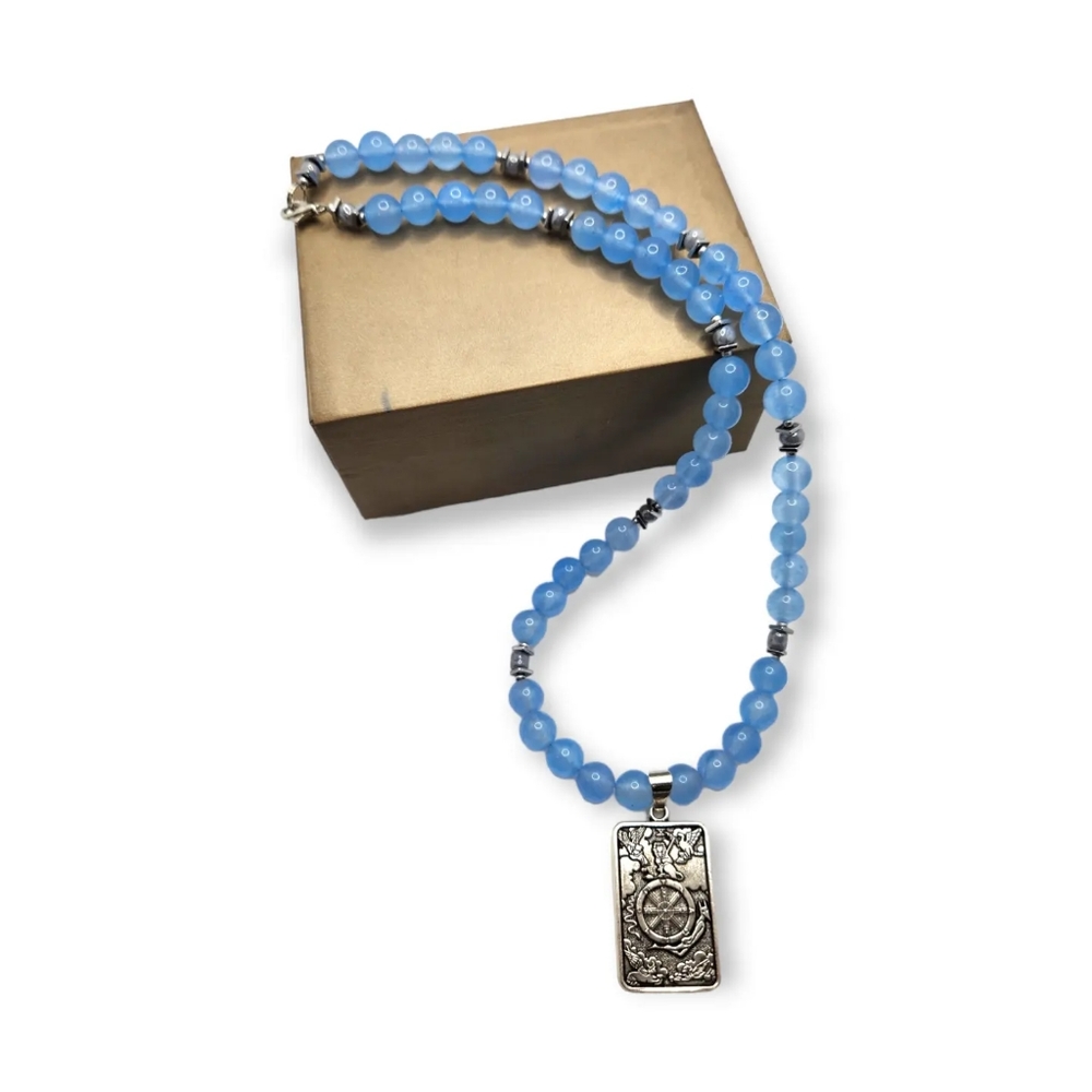 Aquamarine Quartz, Wheel of Fortune taro card Amulet necklace